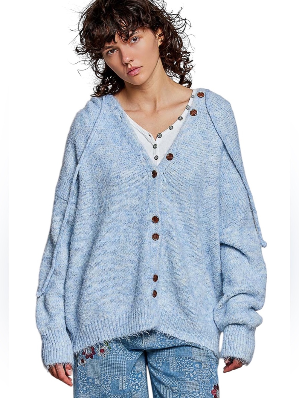 POL Blue Sky Button Up Long Sleeve Hoodie knit Cardigan